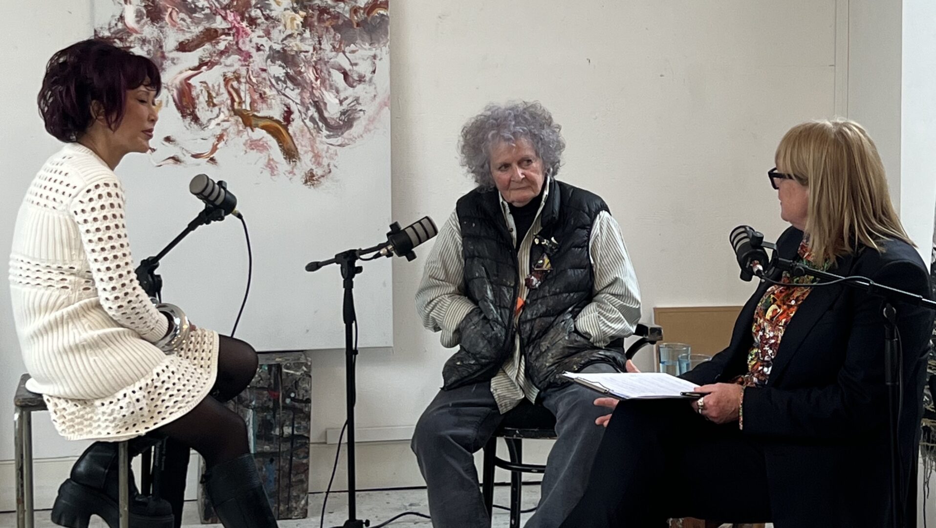 Pearl Lam, Maggi Hambling and Louisa Buck filming an episode in London